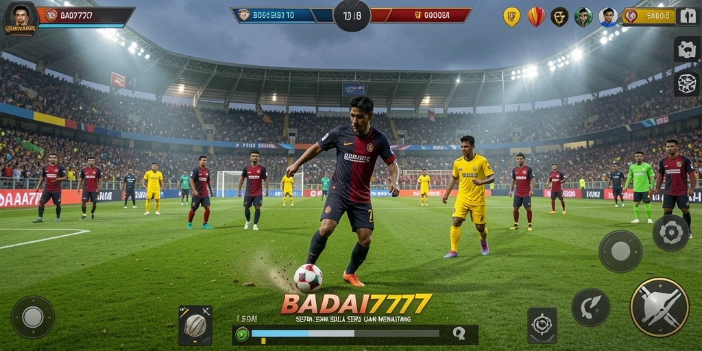 Screenshot dari permainan BADAI777 menampilkan aksi seru di lapangan sepak bola.