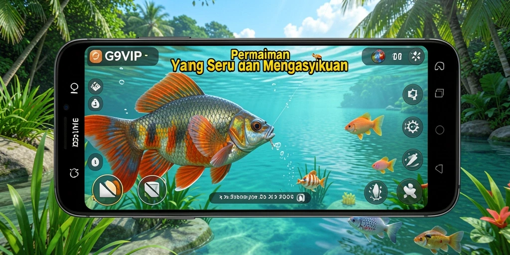 Tampilan gameplay G9VIP dengan ikan yang beragam dan lokasi memancing yang indah.