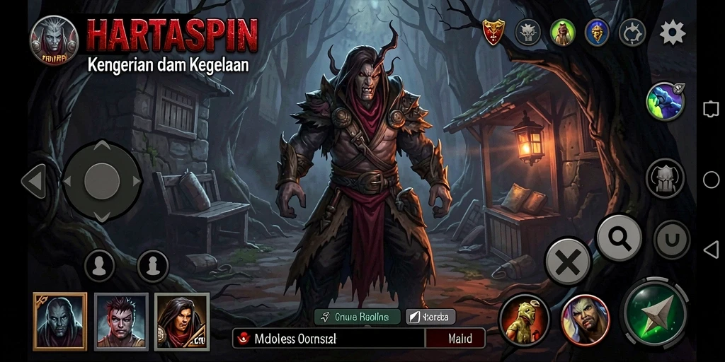 Screenshot gameplay HARTASPIN yang memperlihatkan suasana menakutkan.