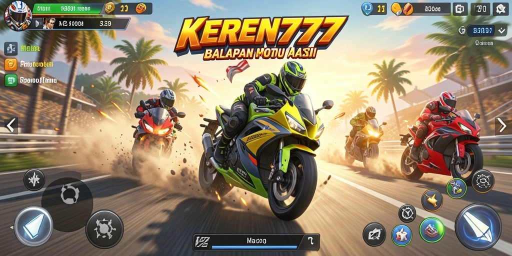 Tangkapan layar dari gameplay balapan motor yang mendebarkan dalam KEREN777.