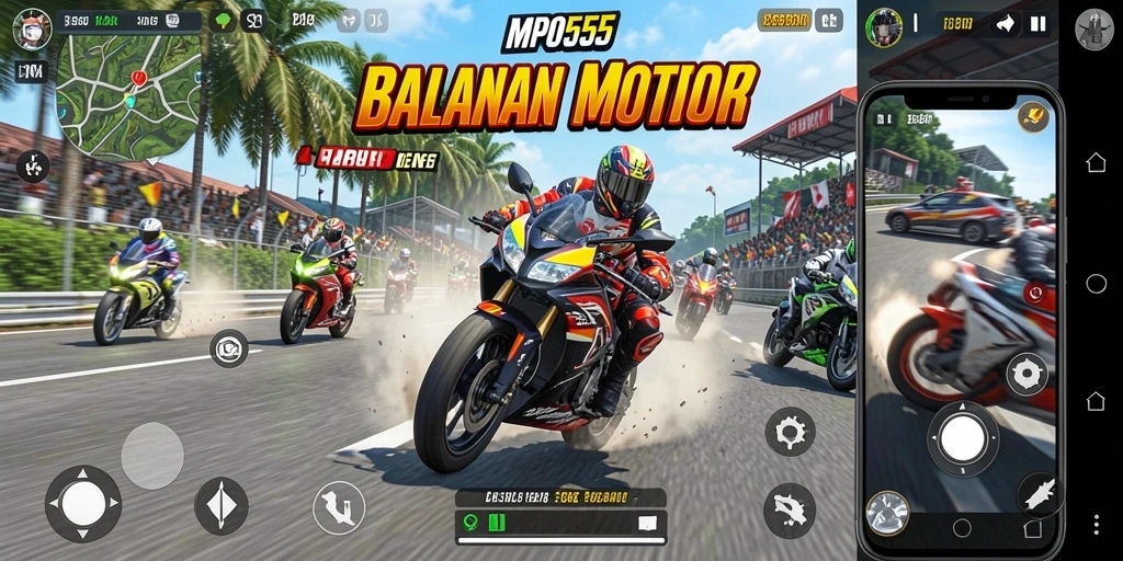 Tampilan gameplay seru dengan aksi balapan motor yang mendebarkan.