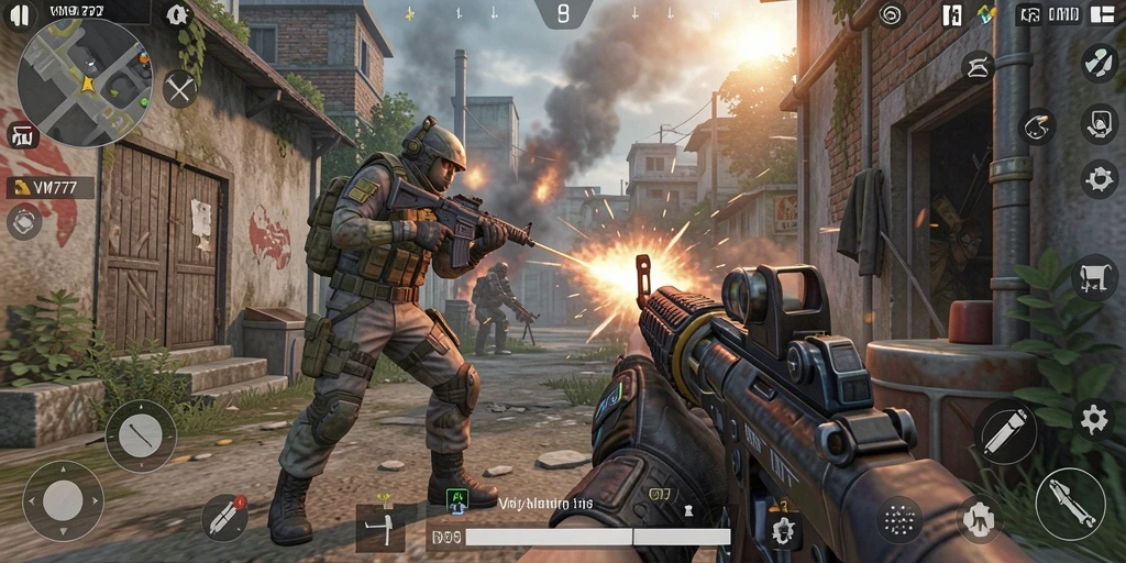 Tampilan menegangkan dari gameplay VM777 dalam aksi pertempuran FPS.