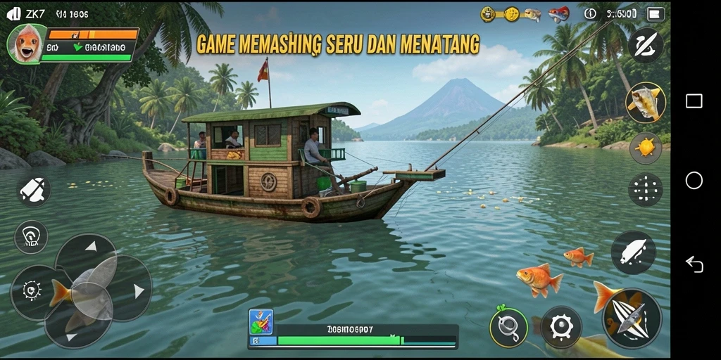 Screenshot <strong>ZK7</strong> menunjukkan pemain menangkap ikan besar di danau.