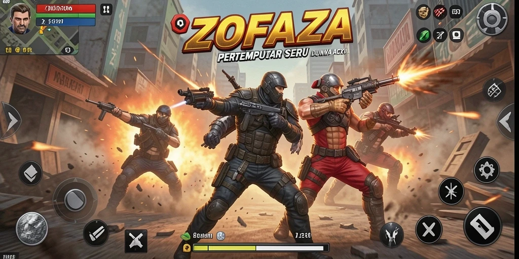 Screenshot gameplay seru ZOFAZA menampilkan pertempuran intens.